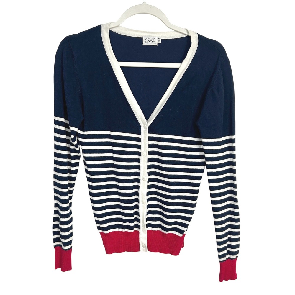 Nautical Breton Stripe Cardigan V Neck Button‎ Front Navy Red White Small Preppy